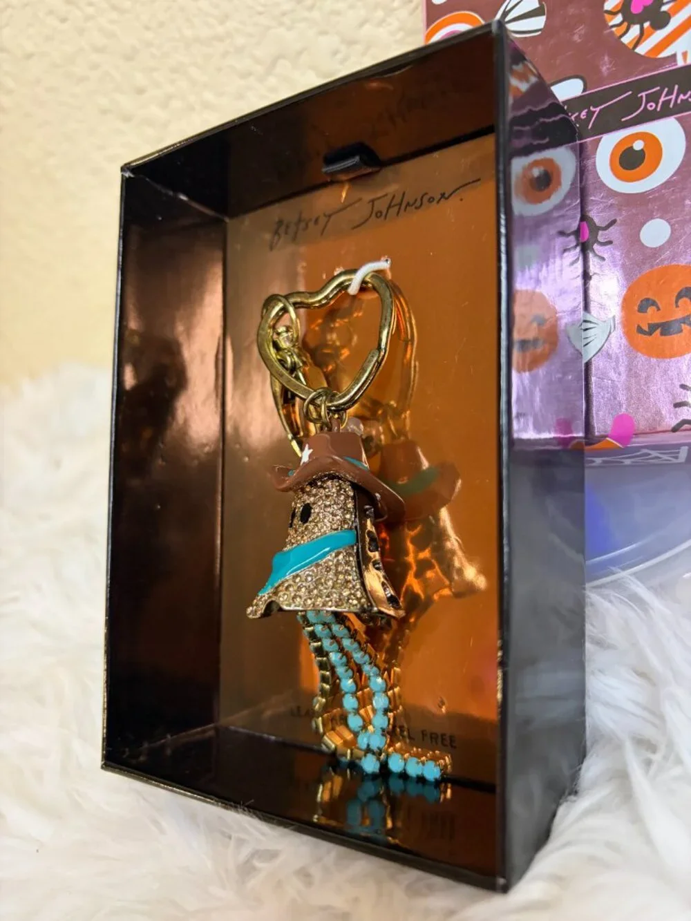 Betsey Johnson Ghost Cowboy Keychain Rhinestone Western Halloween Charm NWT